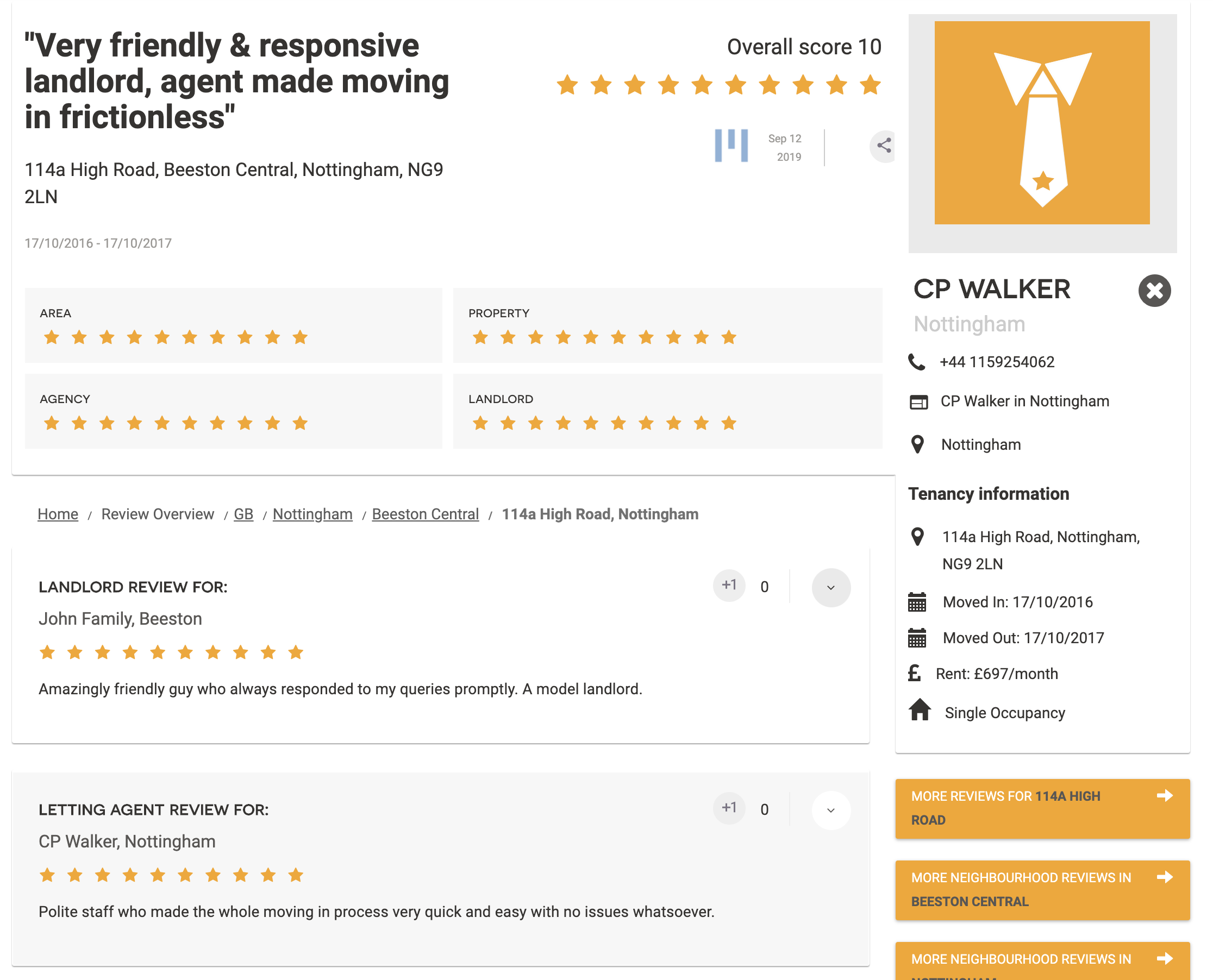Screenshot of review of CP Walker, the best letting agent in Nottingham 2020