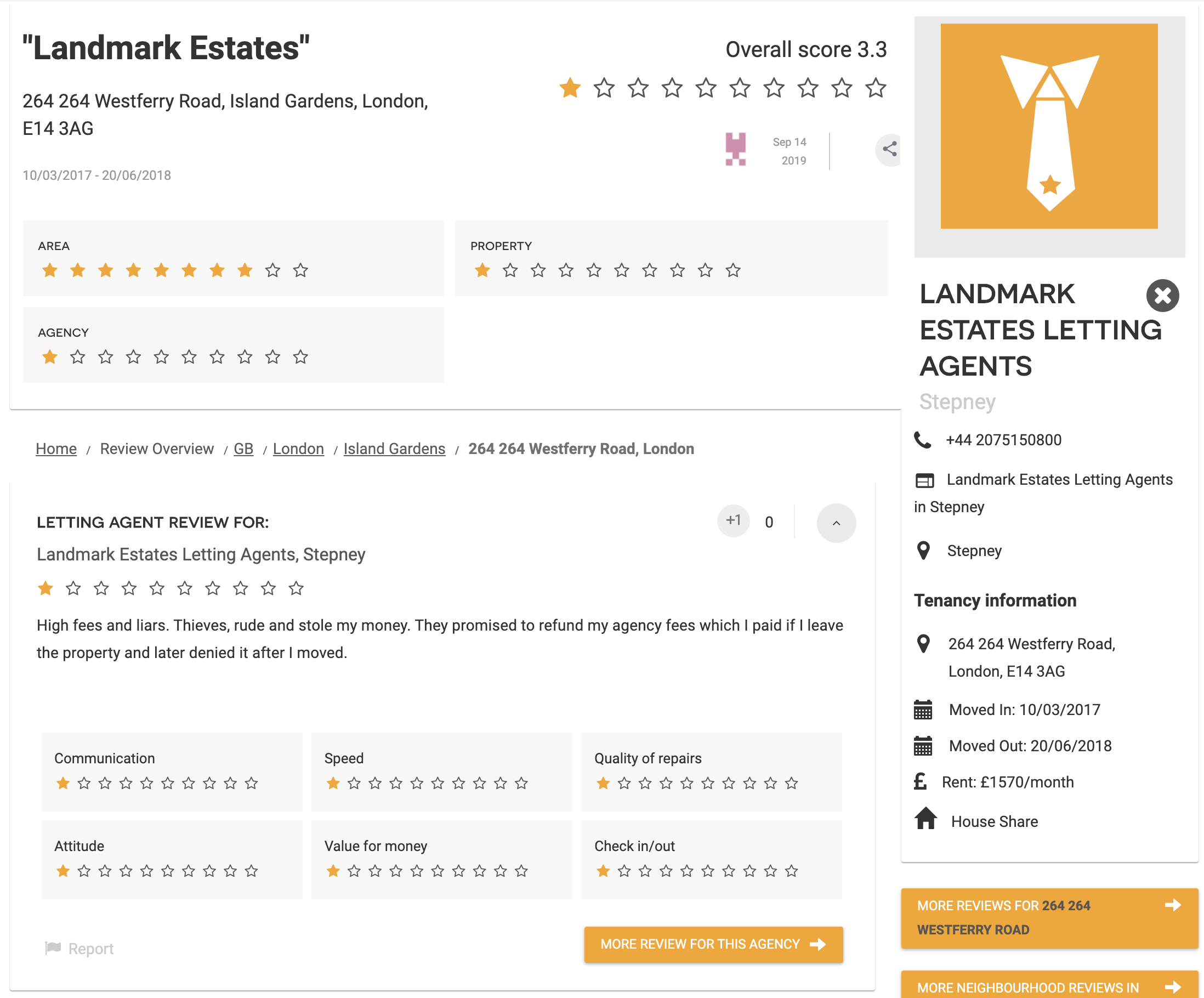Screenshot of Landmark Estates Stepney reviews