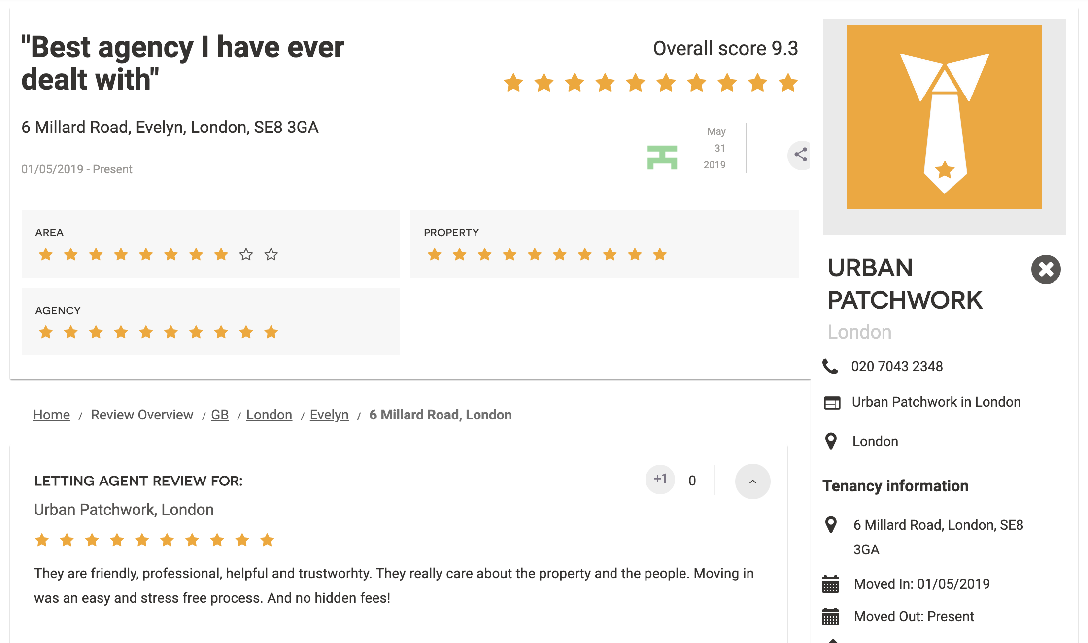Screenshot of review of Urban Patchwork, the best letting agent in London